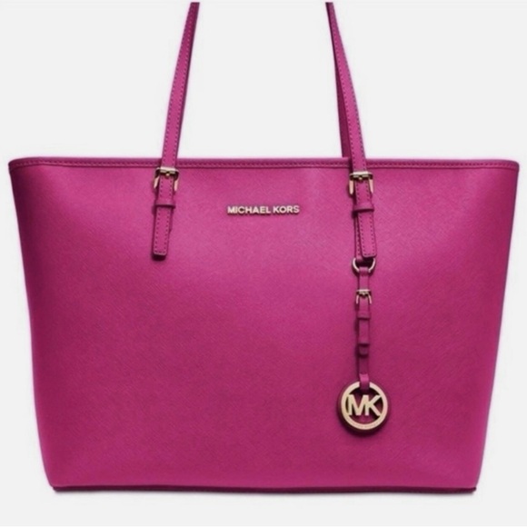 Michael Kors Large Jet Set Travel Fushchia Pink Saffiano Leather Tote Bag Purse - Picture 1 of 16